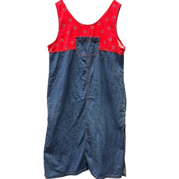 Vintage Maxi Dress Womens 18 W Blue Red Denim Pullover High Side Slits CST Sport - Picture 2 of 8